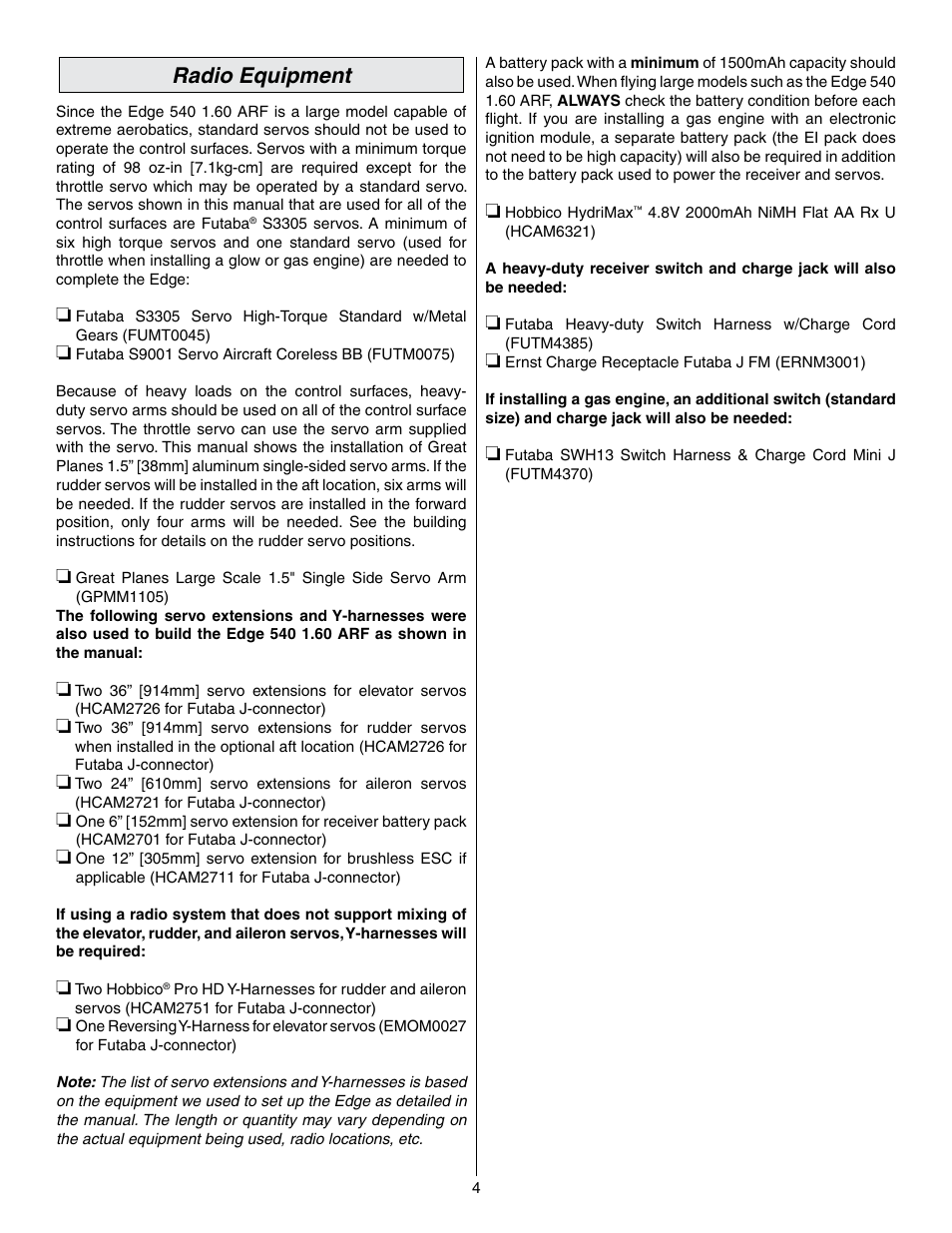 Radio equipment | Great Planes Edge 540 1.60-43cc Performance Series ARF - GPMA1414 User Manual | Page 4 / 56
