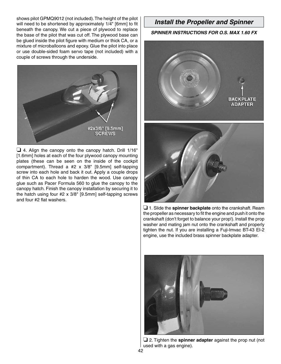 Install the propeller and spinner | Great Planes Edge 540 1.60-43cc Performance Series ARF - GPMA1414 User Manual | Page 42 / 56