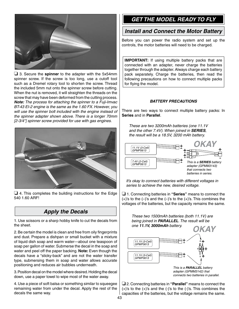 Okay, Apply the decals | Great Planes Edge 540 1.60-43cc Performance Series ARF - GPMA1414 User Manual | Page 43 / 56
