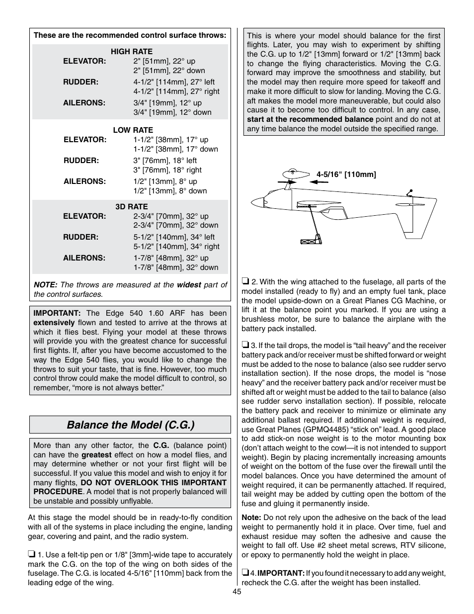 Balance the model (c.g.) | Great Planes Edge 540 1.60-43cc Performance Series ARF - GPMA1414 User Manual | Page 45 / 56