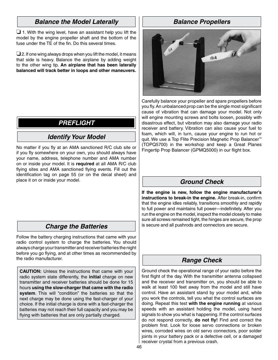 Balance the model laterally, Preflight identify your model, Charge the batteries | Balance propellers, Ground check, Range check | Great Planes Edge 540 1.60-43cc Performance Series ARF - GPMA1414 User Manual | Page 46 / 56
