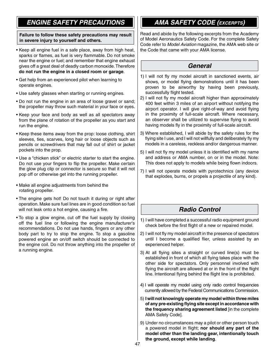 Engine safety precautions, Ama safety code, General | Radio control | Great Planes Edge 540 1.60-43cc Performance Series ARF - GPMA1414 User Manual | Page 47 / 56