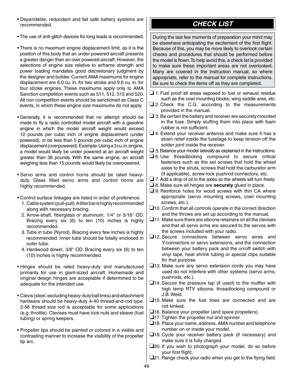 Check list | Great Planes Edge 540 1.60-43cc Performance Series ARF - GPMA1414 User Manual | Page 49 / 56