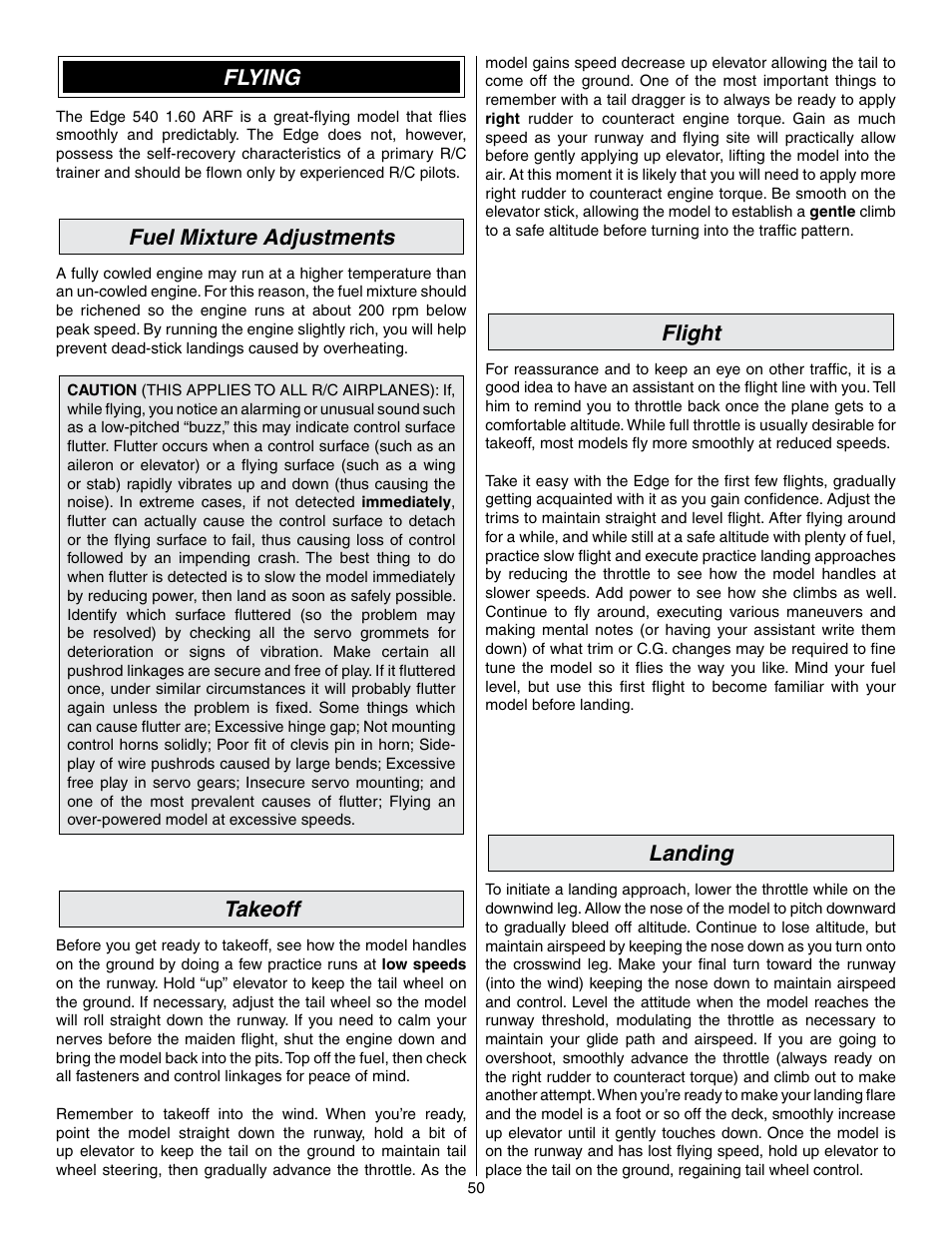 Flying, Fuel mixture adjustments, Takeoff | Flight, Landing | Great Planes Edge 540 1.60-43cc Performance Series ARF - GPMA1414 User Manual | Page 50 / 56