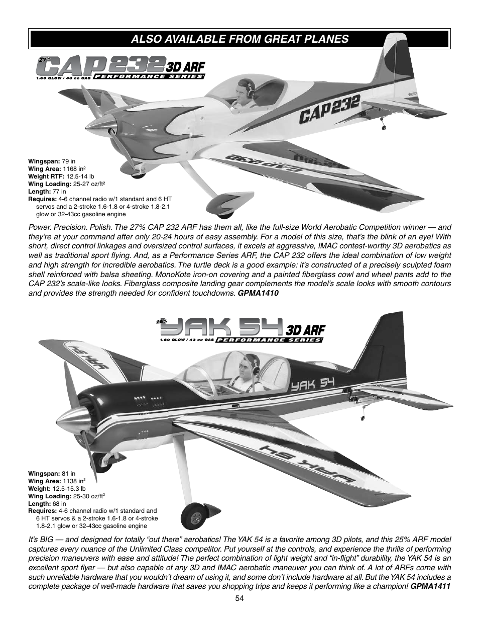 Also available from great planes | Great Planes Edge 540 1.60-43cc Performance Series ARF - GPMA1414 User Manual | Page 54 / 56