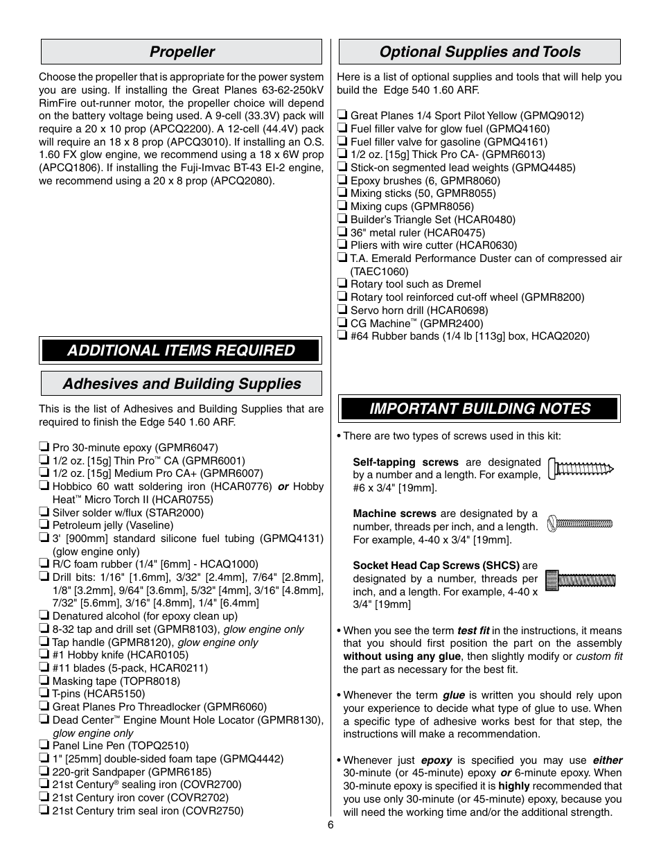 Propeller, Optional supplies and tools | Great Planes Edge 540 1.60-43cc Performance Series ARF - GPMA1414 User Manual | Page 6 / 56