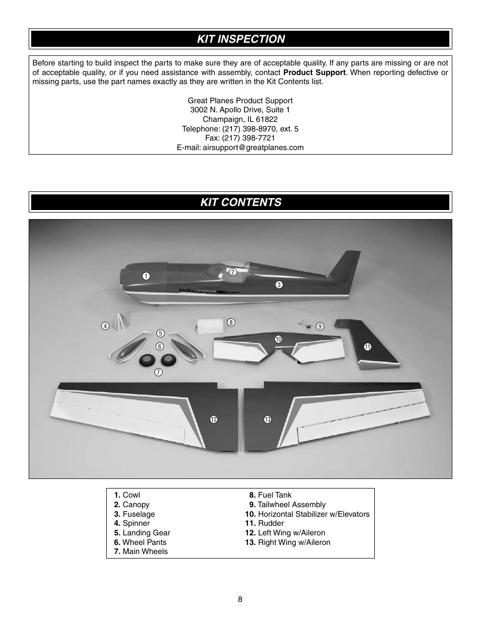 Kit inspection, Kit contents | Great Planes Edge 540 1.60-43cc Performance Series ARF - GPMA1414 User Manual | Page 8 / 56