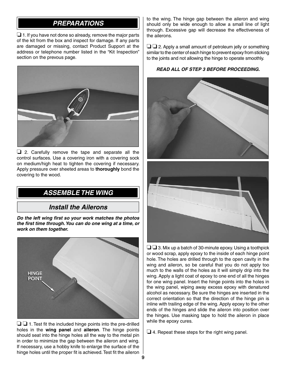 Preparations, Assemble the wing install the ailerons | Great Planes Edge 540 1.60-43cc Performance Series ARF - GPMA1414 User Manual | Page 9 / 56