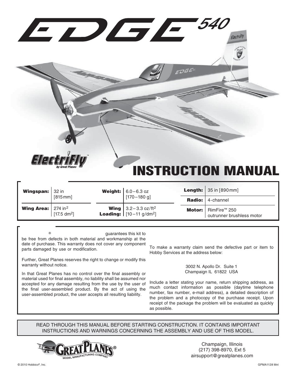 Great Planes Edge 540 3D Indoor EP ARF - GPMA1128 User Manual | 20 pages