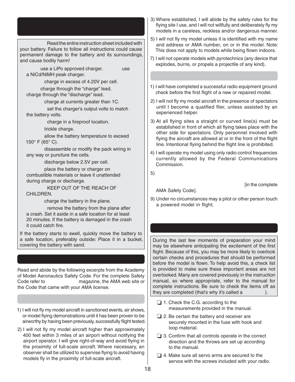 Lithium battery handling and usage, Ama safety code, General | Radio control, Check list | Great Planes Edge 540 3D Indoor EP ARF - GPMA1128 User Manual | Page 18 / 20