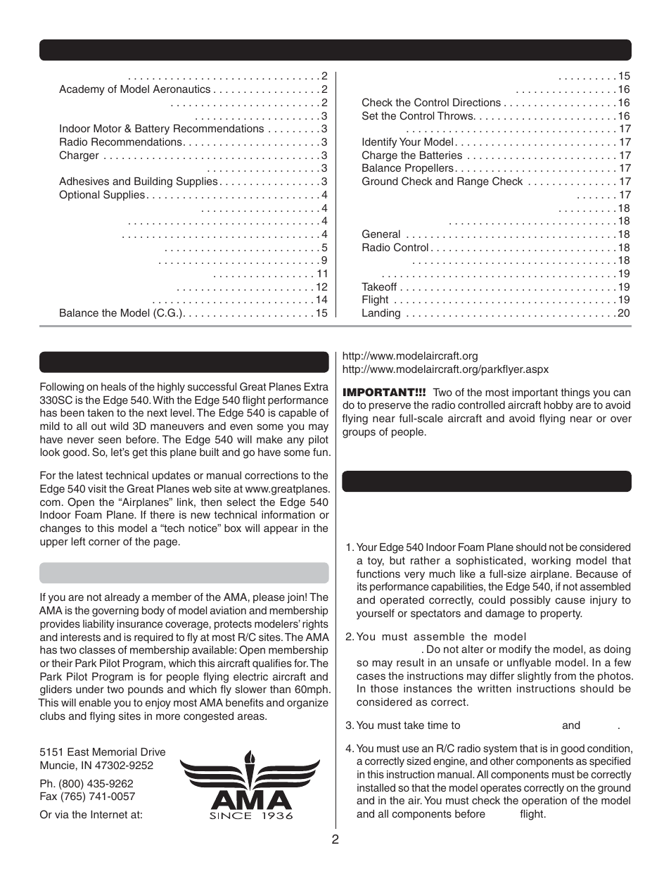 Table of contents introduction, Academy of model aeronautics, Safety precautions | Great Planes Edge 540 3D Indoor EP ARF - GPMA1128 User Manual | Page 2 / 20