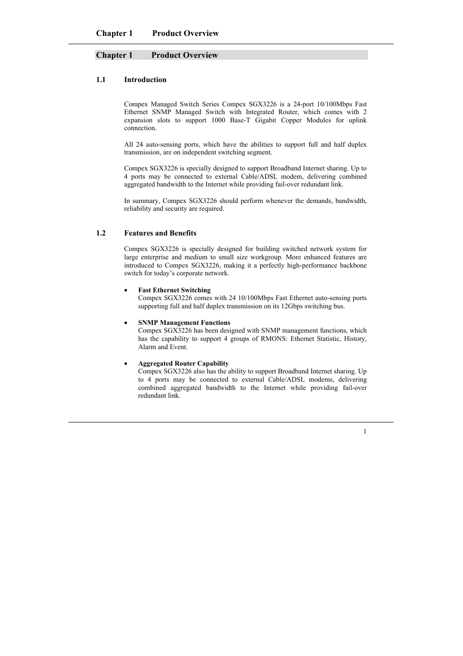 Chapter 1 product overview, 1 introduction, 2 features and benefits | Chapter 1, Product overview, Introduction, Features and benefits | Compex Systems SGX3226 User Manual | Page 11 / 90