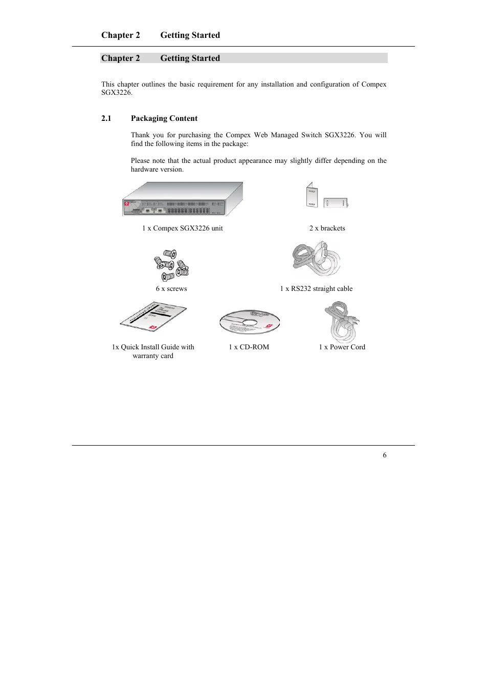 Chapter 2 getting started, 1 packaging content, Chapter 2 | Getting started, Packaging content | Compex Systems SGX3226 User Manual | Page 16 / 90