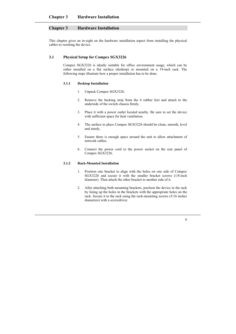 Chapter 3 hardware installation, 1 physical setup for compex sgx3226, 1 desktop installation | 2 rack-mounted installation, Chapter 3, Hardware installation, Physical setup for compex sgx3226, Desktop installation, Rack-mounted installation | Compex Systems SGX3226 User Manual | Page 18 / 90