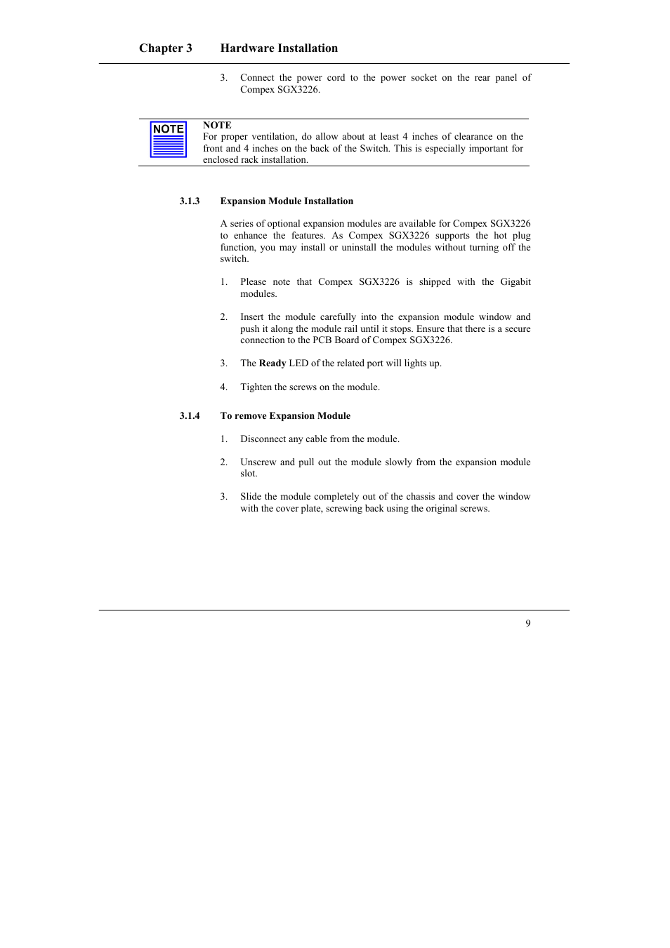 3 expansion module installation, 4 to remove expansion module, Expansion module installation | To remove expansion module | Compex Systems SGX3226 User Manual | Page 19 / 90