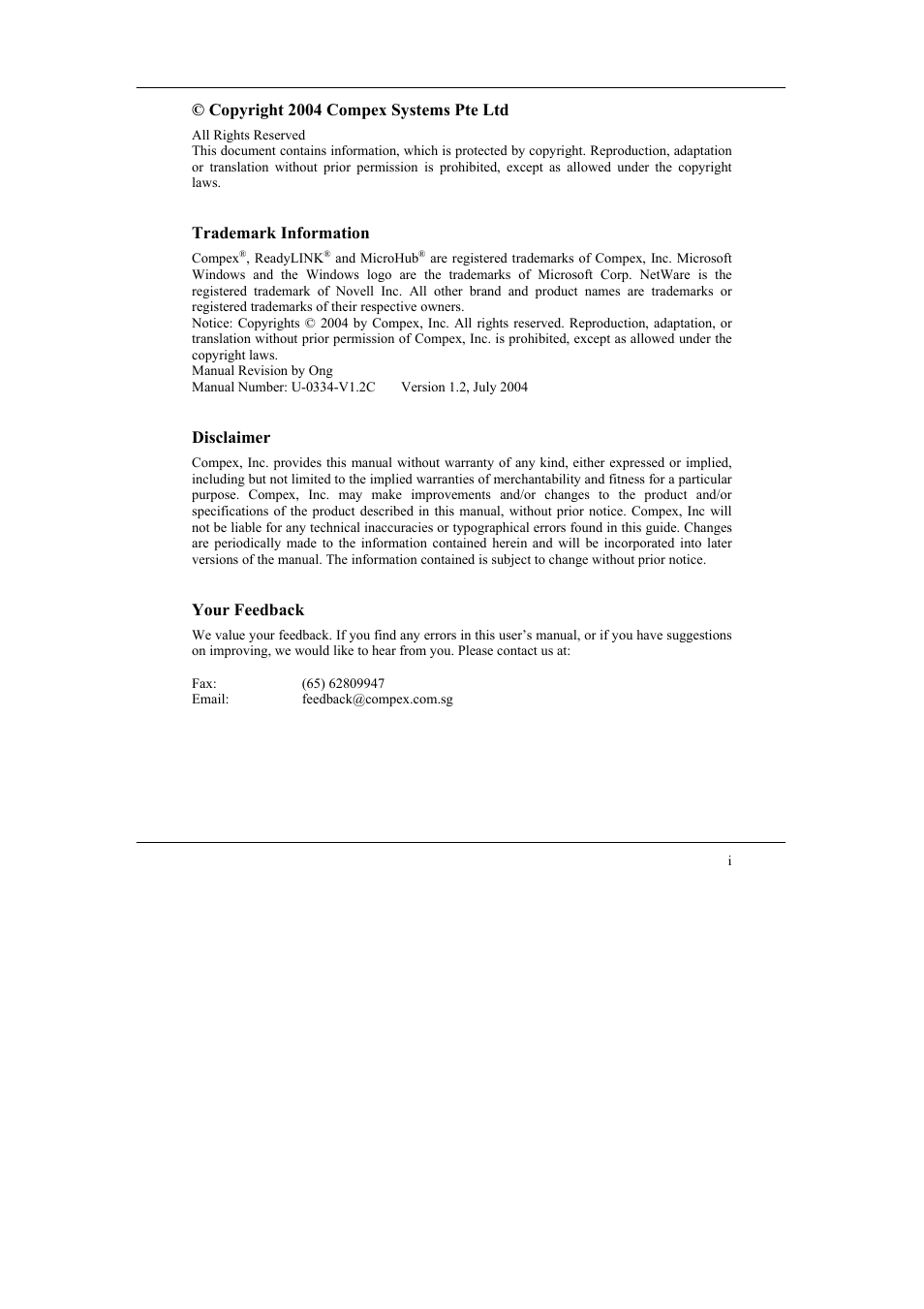 Copyright 2004 compex systems pte ltd, Trademark information, Disclaimer | Your feedback | Compex Systems SGX3226 User Manual | Page 2 / 90