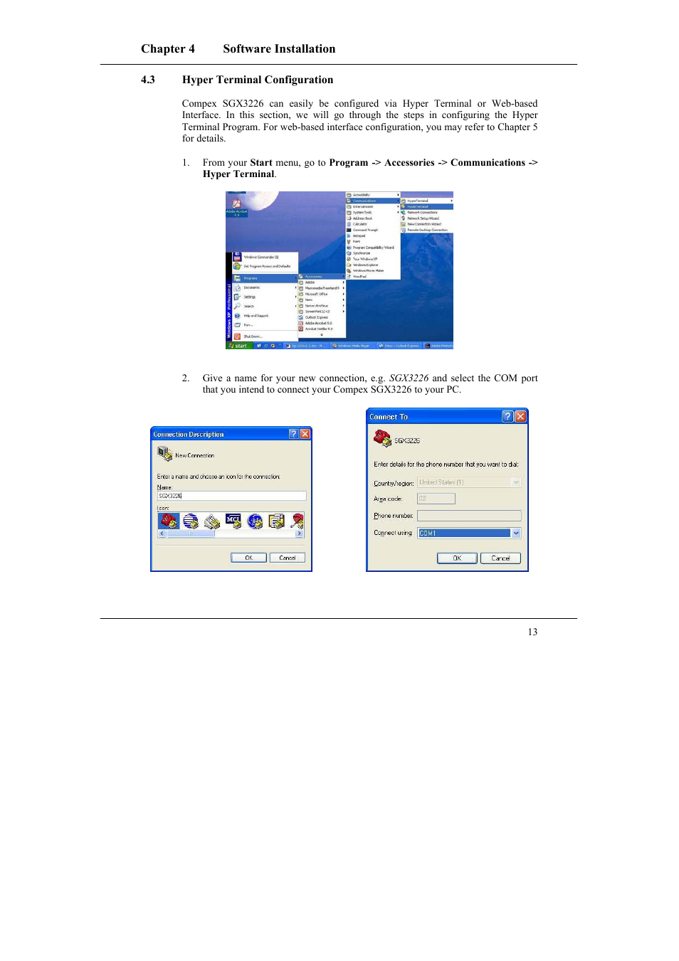 3 hyper terminal configuration, Hyper terminal configuration | Compex Systems SGX3226 User Manual | Page 23 / 90