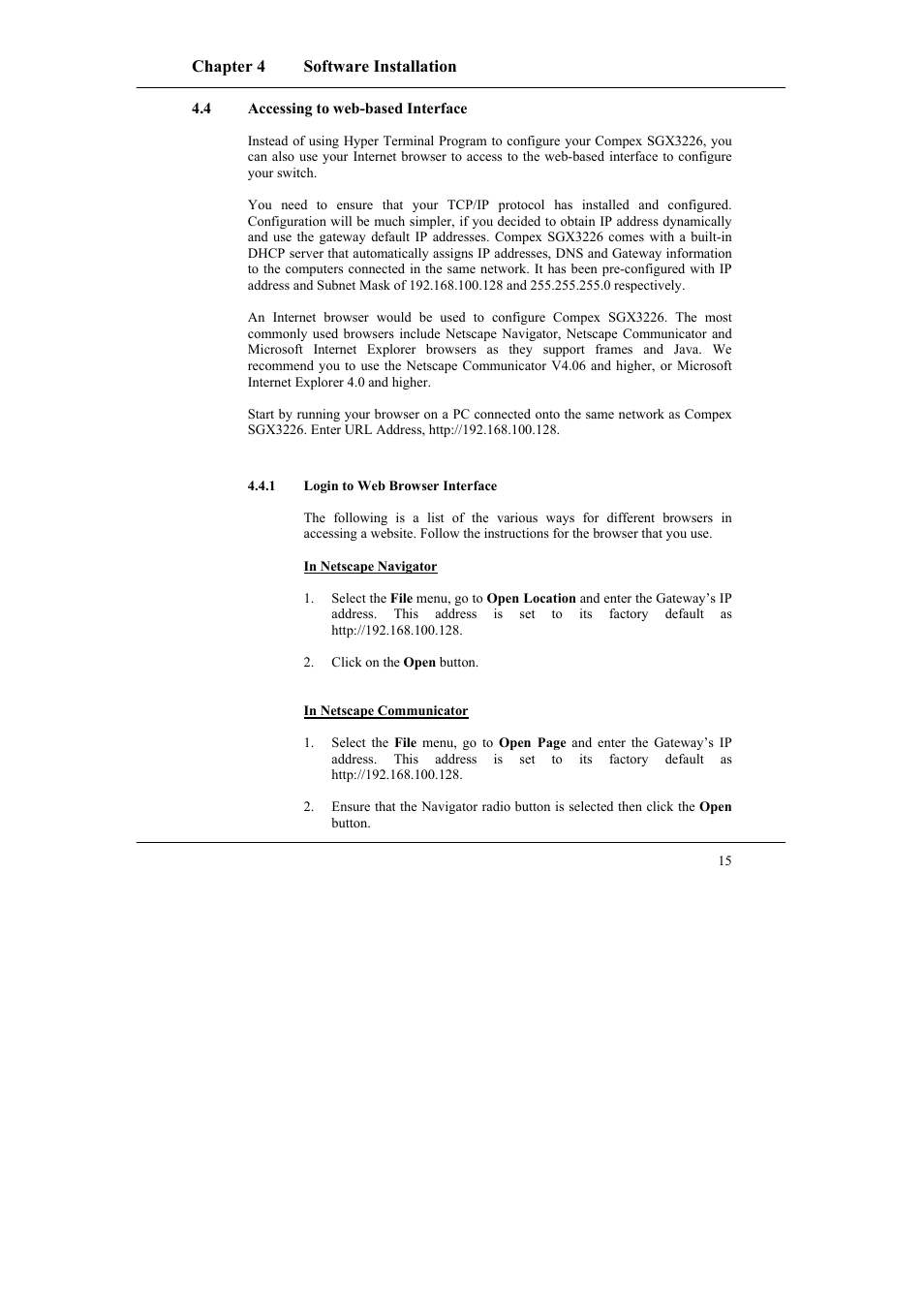 4 accessing to web-based interface, 1 login to web browser interface, Accessing to web-based interface | Login to web browser interface | Compex Systems SGX3226 User Manual | Page 25 / 90