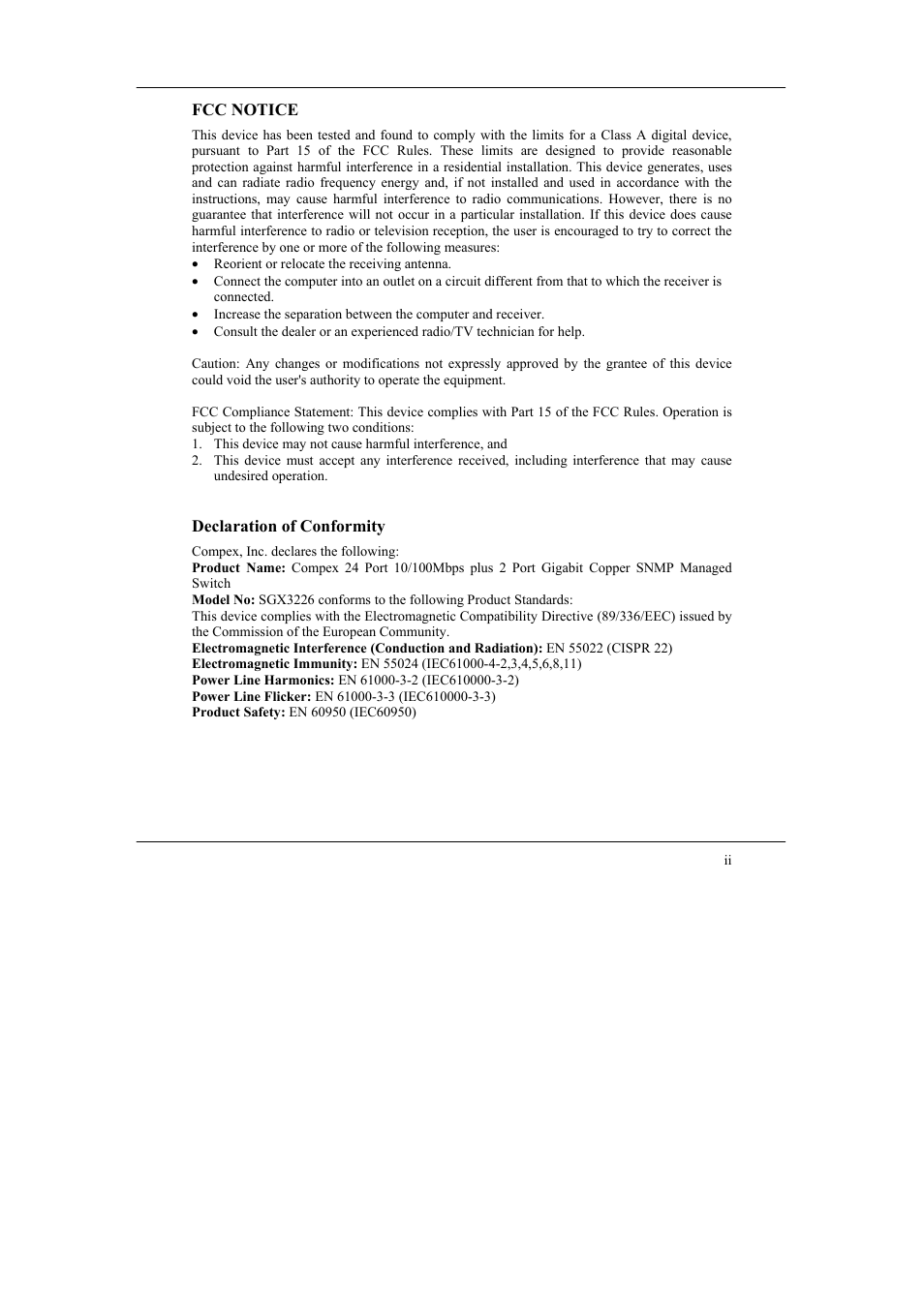 Fcc notice, Declaration of conformity | Compex Systems SGX3226 User Manual | Page 3 / 90