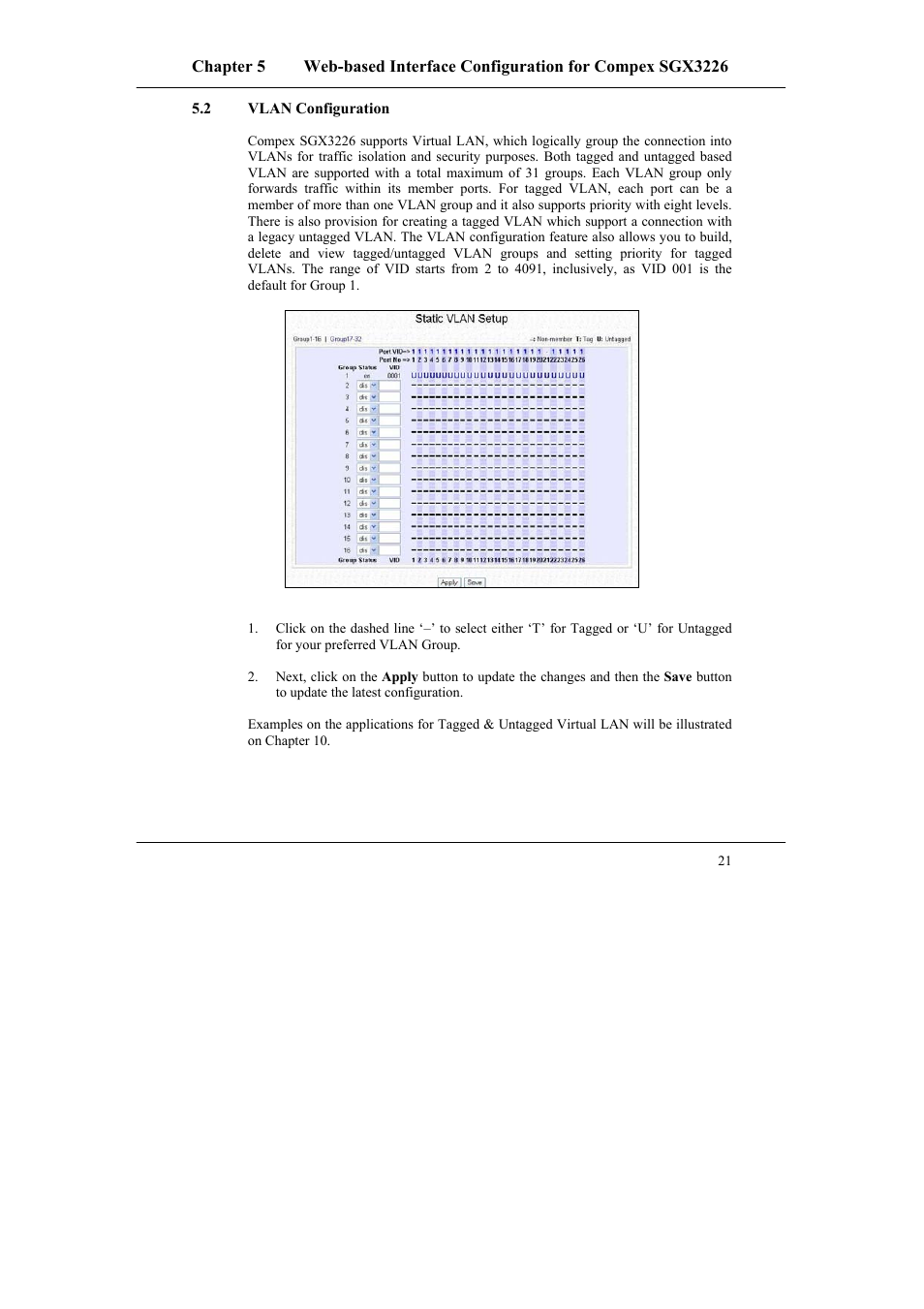 2 vlan configuration, Vlan configuration | Compex Systems SGX3226 User Manual | Page 31 / 90