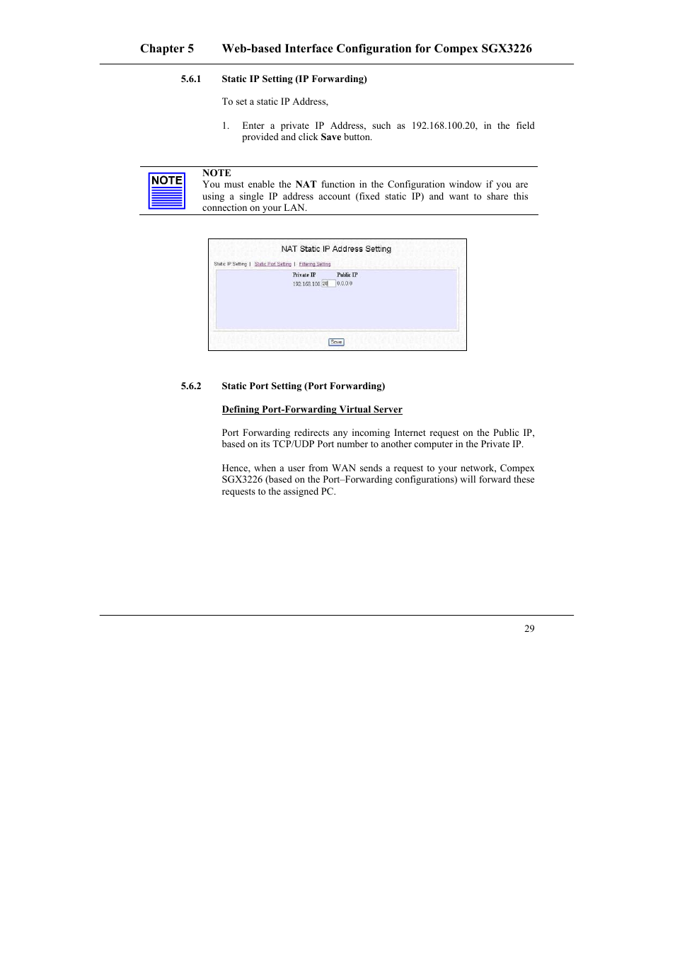 1 static ip setting (ip forwarding), 2 static port setting (port forwarding), Static ip setting (ip forwarding) | Static port setting (port forwarding) | Compex Systems SGX3226 User Manual | Page 39 / 90