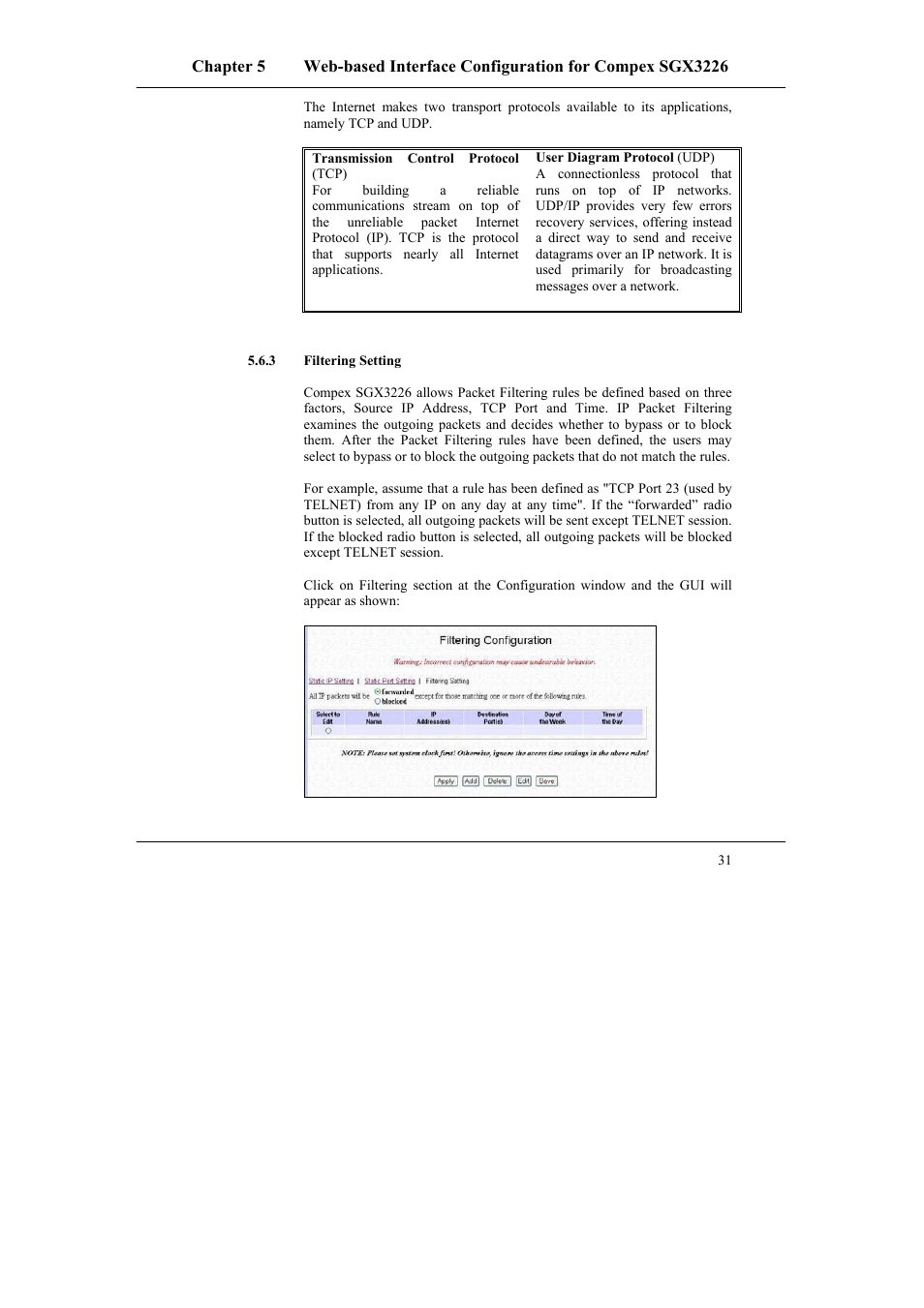 3 filtering setting, Filtering setting | Compex Systems SGX3226 User Manual | Page 41 / 90