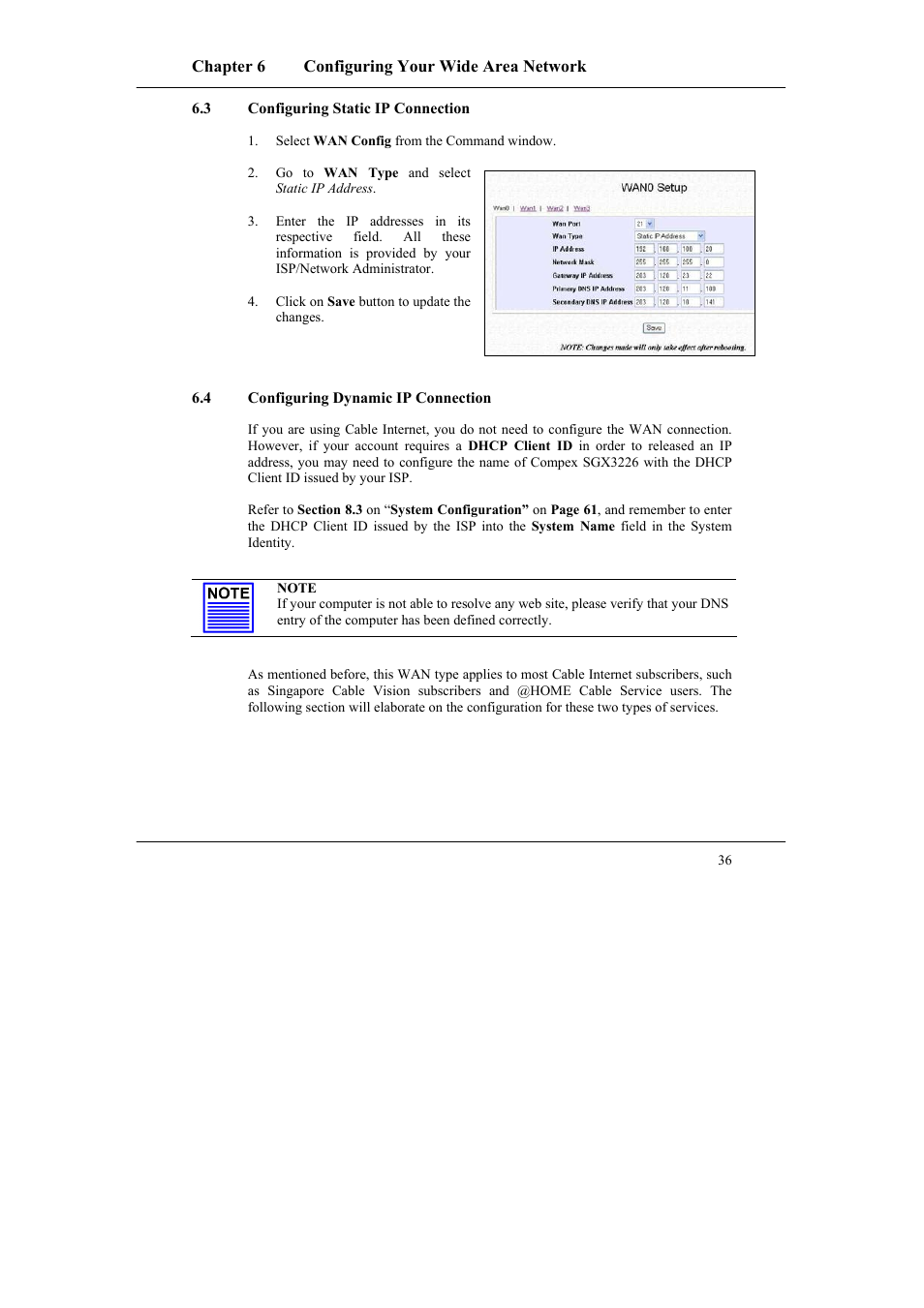 3 configuring static ip connection, 4 configuring dynamic ip connection, Configuring static ip connection | Configuring dynamic ip connection | Compex Systems SGX3226 User Manual | Page 46 / 90