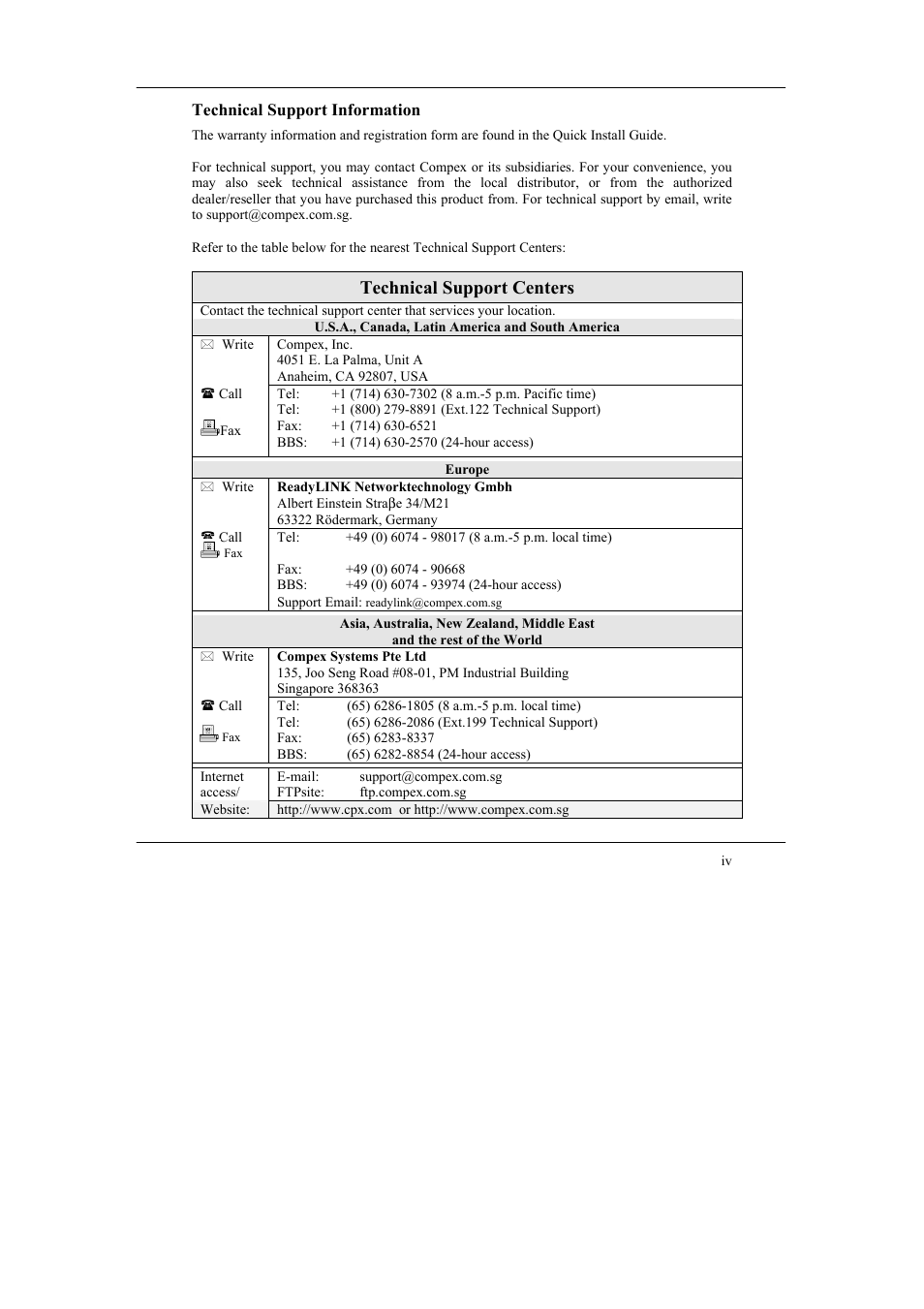 Technical support information, Technical support centers | Compex Systems SGX3226 User Manual | Page 5 / 90