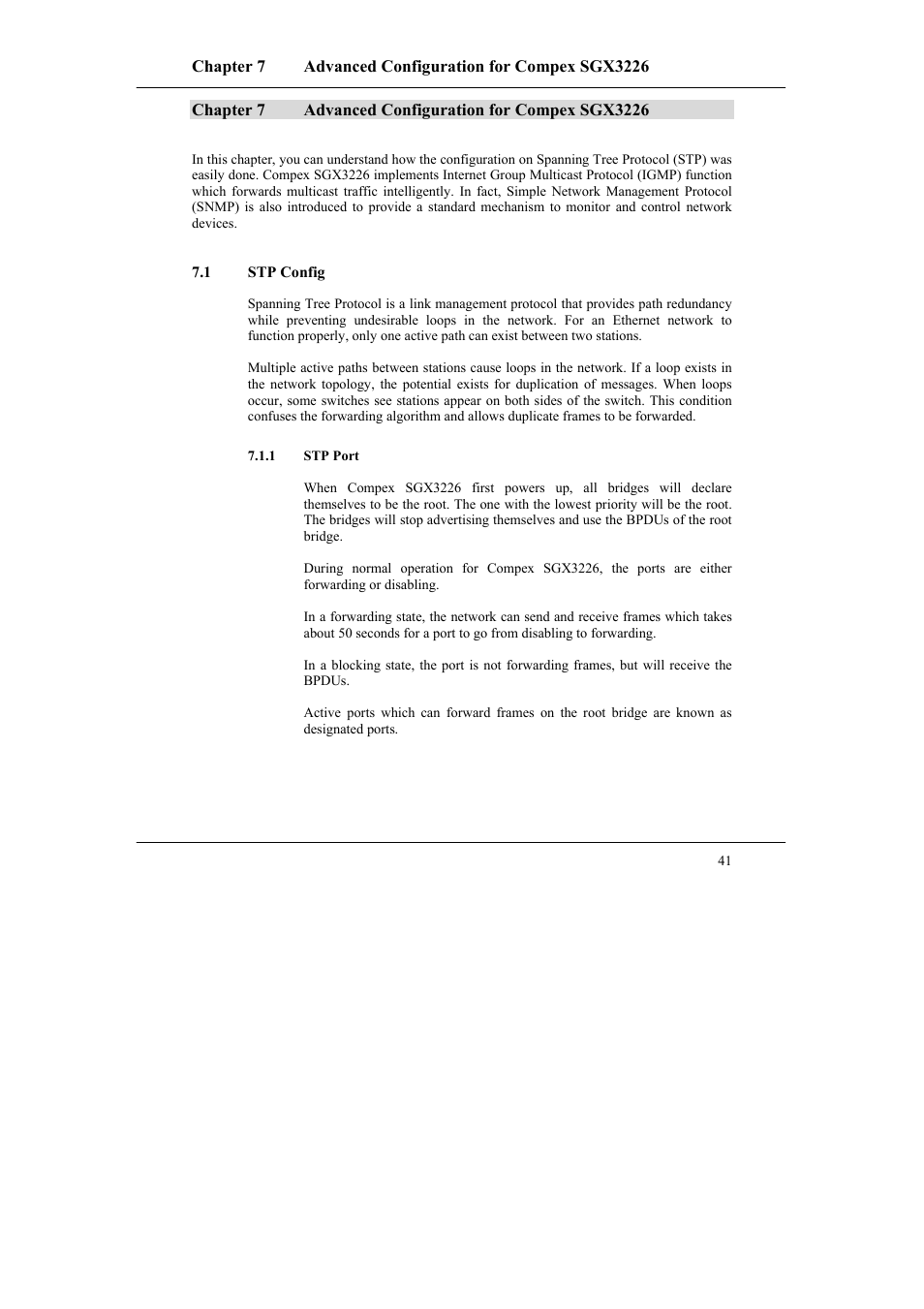 1 stp config, 1 stp port, Chapter 7 | Advanced configuration for compex sgx3226, Stp config, Stp port | Compex Systems SGX3226 User Manual | Page 51 / 90