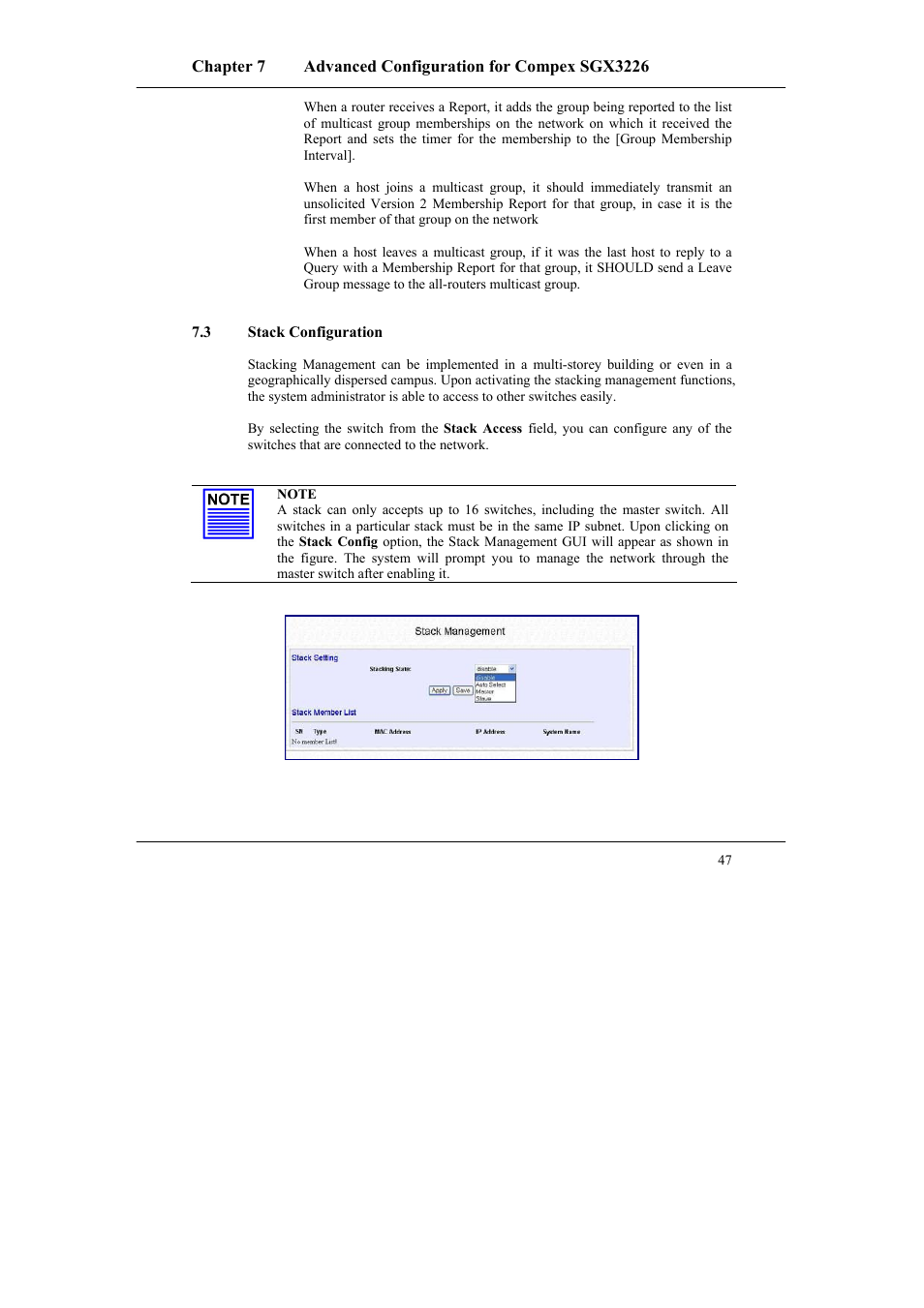 3 stack configuration, Stack configuration | Compex Systems SGX3226 User Manual | Page 57 / 90