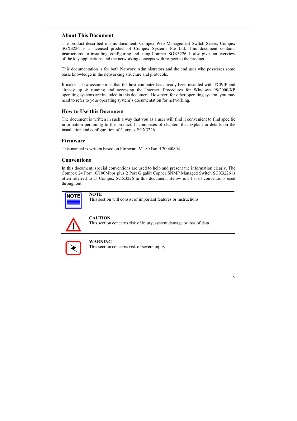 About this document, How to use this document, Firmware | Conventions | Compex Systems SGX3226 User Manual | Page 6 / 90