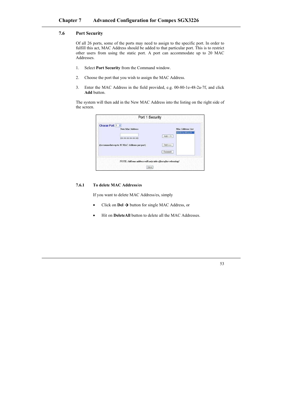 6 port security, 1 to delete mac address/es, Port security | To delete mac address/es | Compex Systems SGX3226 User Manual | Page 63 / 90