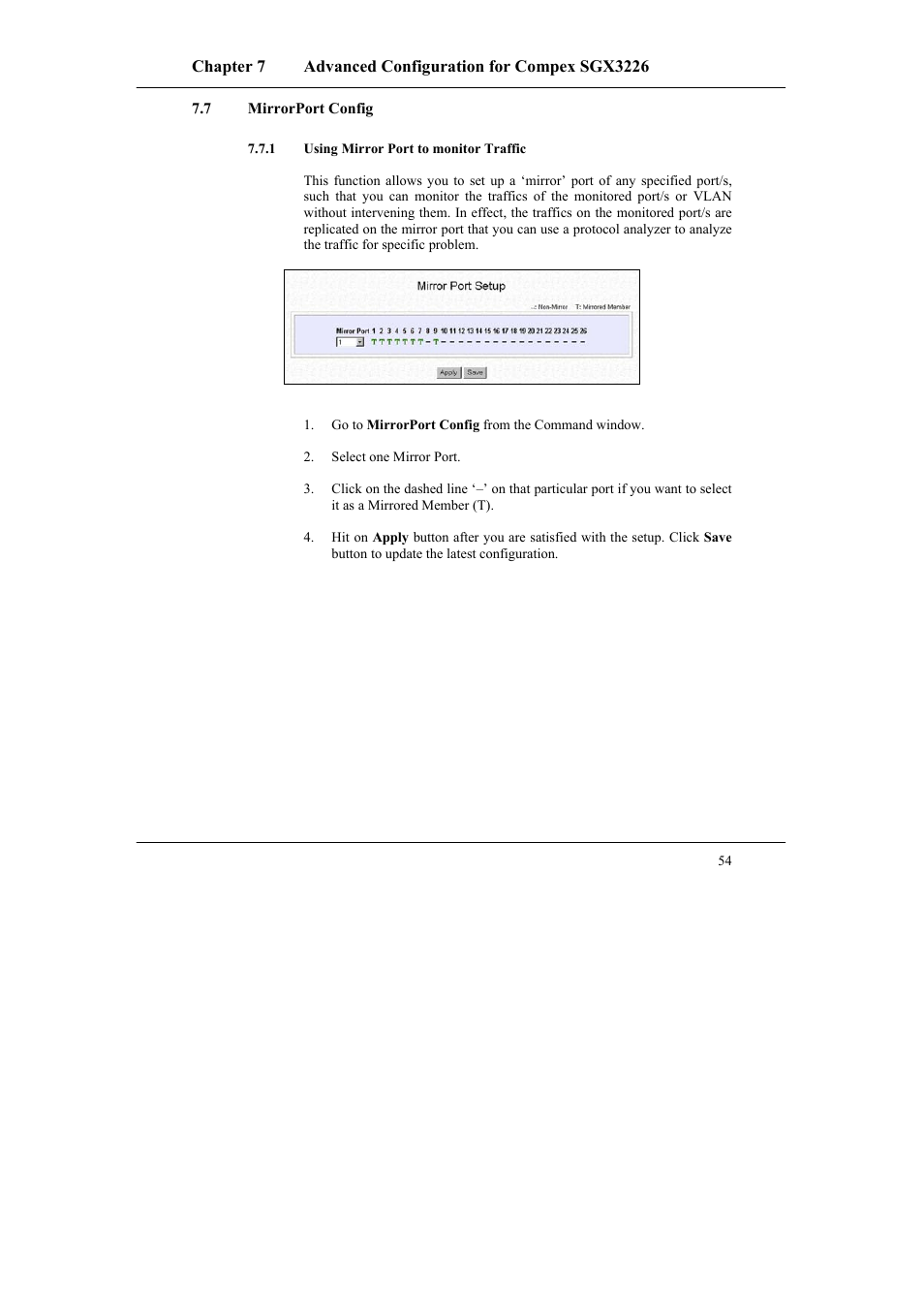 7 mirrorport config, 1 using mirror port to monitor traffic, Mirrorport config | Using mirror port to monitor traffic | Compex Systems SGX3226 User Manual | Page 64 / 90