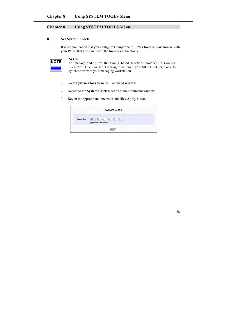 Chapter 8 using system tools menu, 1 set system clock, Chapter 8 | Using system tools menu, Set system clock | Compex Systems SGX3226 User Manual | Page 68 / 90