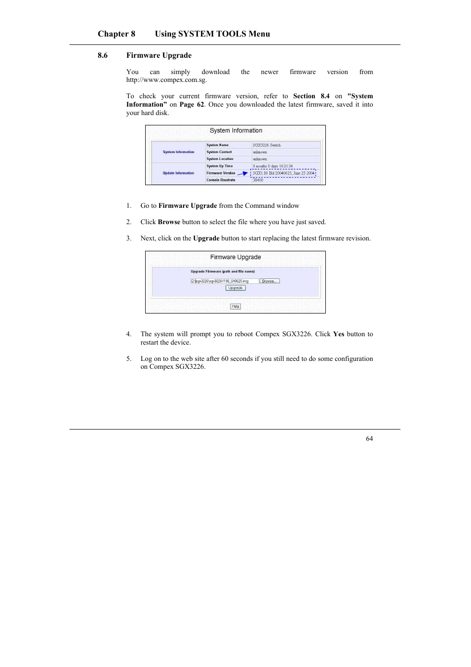 6 firmware upgrade, Firmware upgrade | Compex Systems SGX3226 User Manual | Page 74 / 90