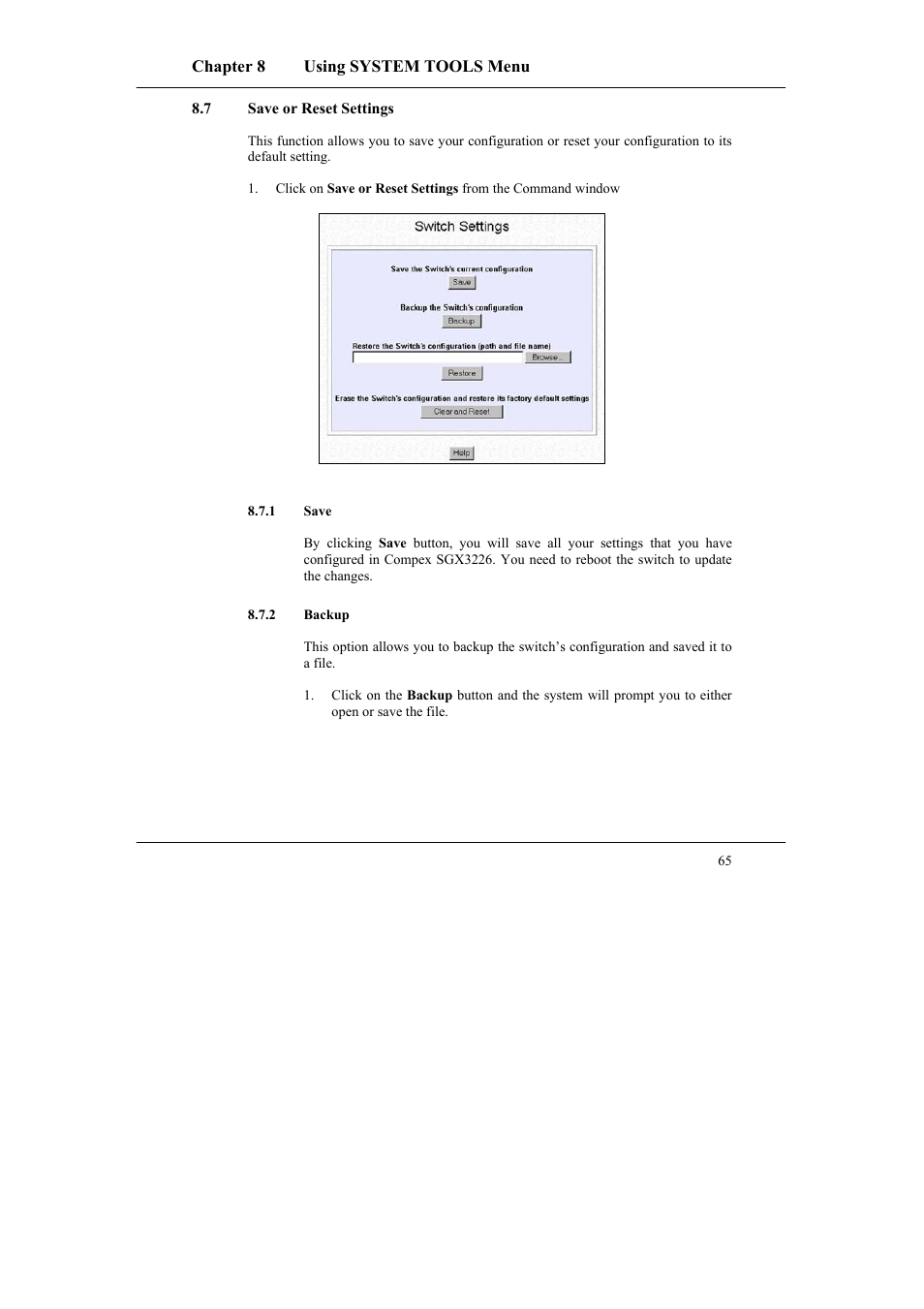 7 save or reset settings, 1 save, 2 backup | Save or reset settings, Save, Backup | Compex Systems SGX3226 User Manual | Page 75 / 90