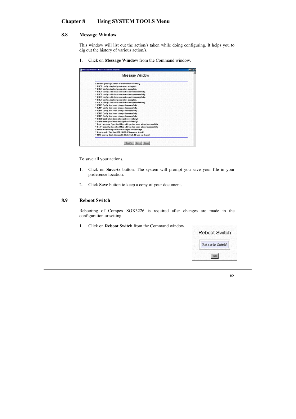 8 message window, 9 reboot switch, Message window | Reboot switch | Compex Systems SGX3226 User Manual | Page 78 / 90