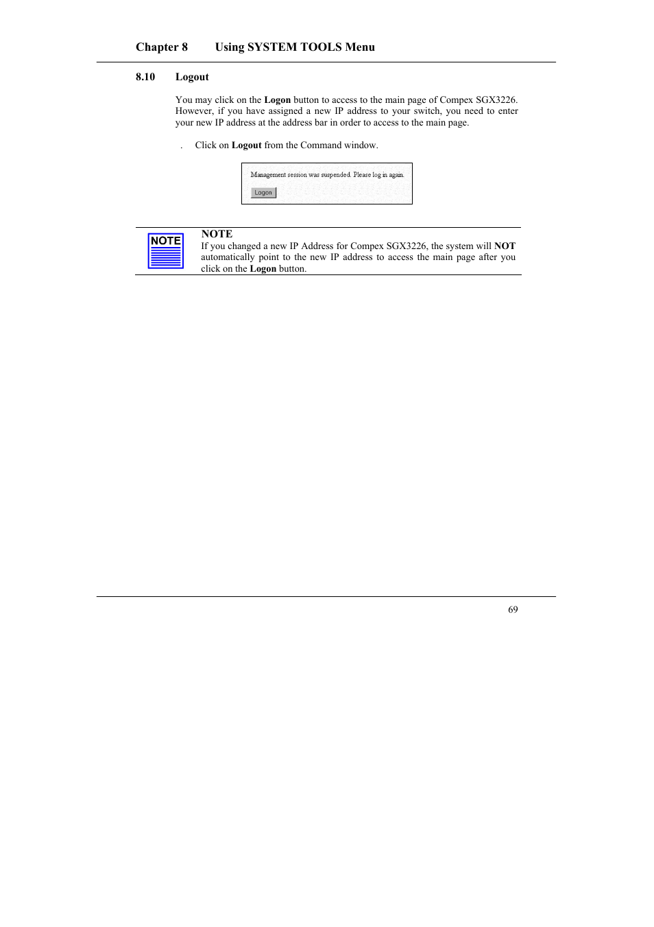 10 logout, Logout | Compex Systems SGX3226 User Manual | Page 79 / 90
