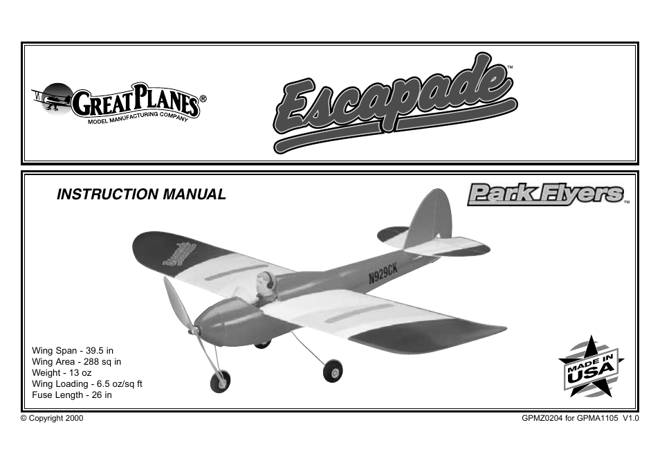 Great Planes Escapade ARF - GPMA1105 User Manual | 40 pages