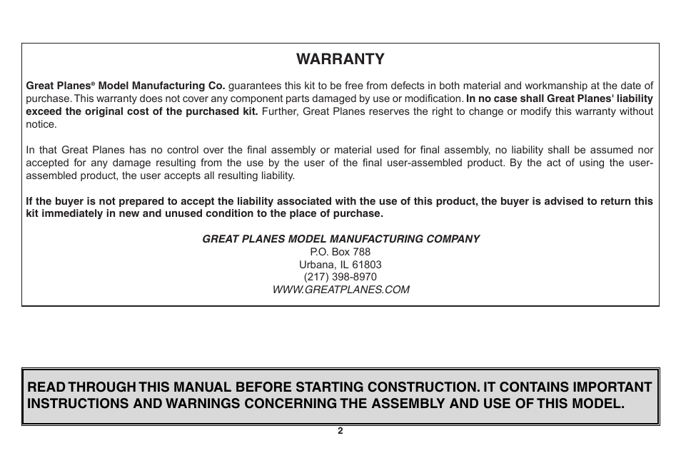 Warranty | Great Planes Escapade ARF - GPMA1105 User Manual | Page 2 / 40