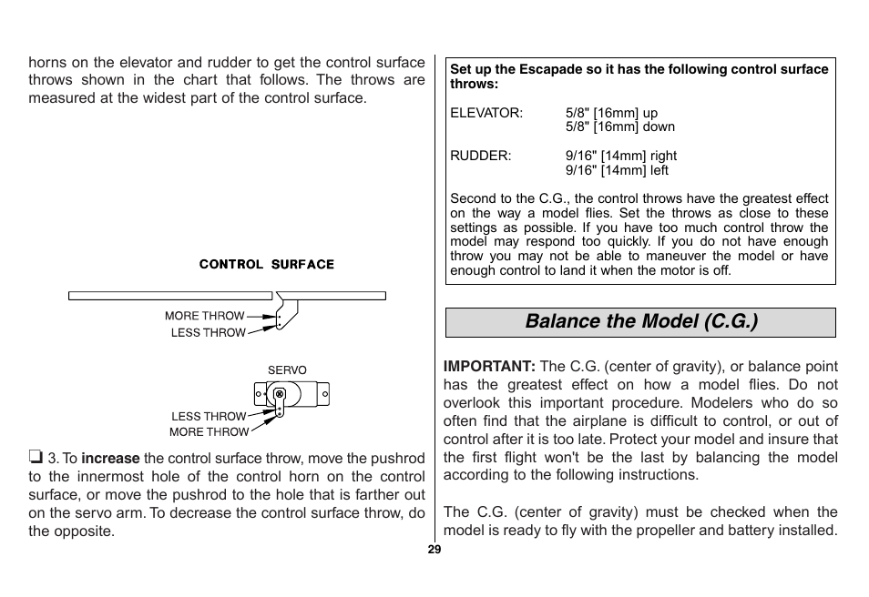 Balance the model (c.g.) | Great Planes Escapade ARF - GPMA1105 User Manual | Page 29 / 40