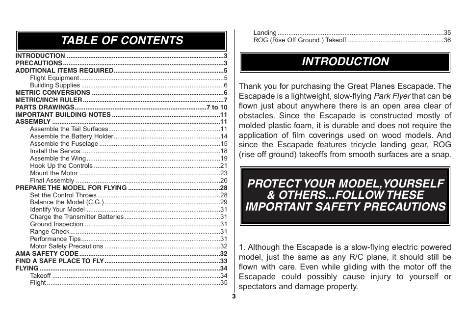 Great Planes Escapade ARF - GPMA1105 User Manual | Page 3 / 40