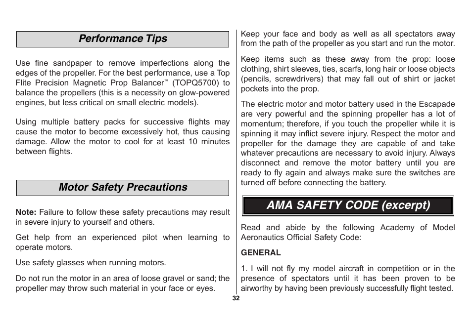 Ama safety code (excerpt), Motor safety precautions performance tips | Great Planes Escapade ARF - GPMA1105 User Manual | Page 32 / 40