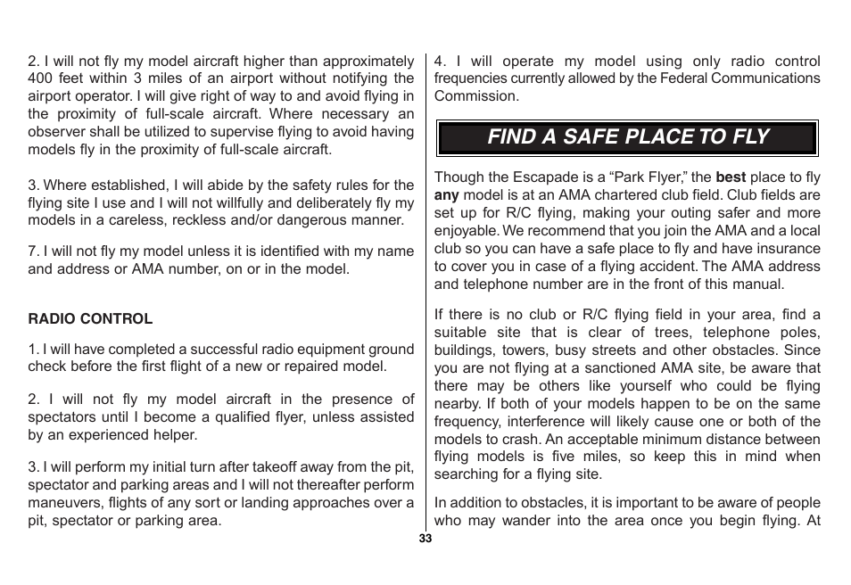 Find a safe place to fly | Great Planes Escapade ARF - GPMA1105 User Manual | Page 33 / 40