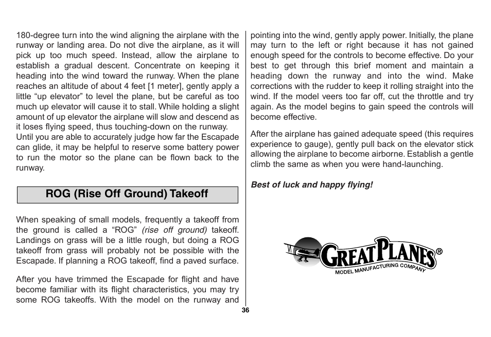 Rog (rise off ground) takeoff | Great Planes Escapade ARF - GPMA1105 User Manual | Page 36 / 40