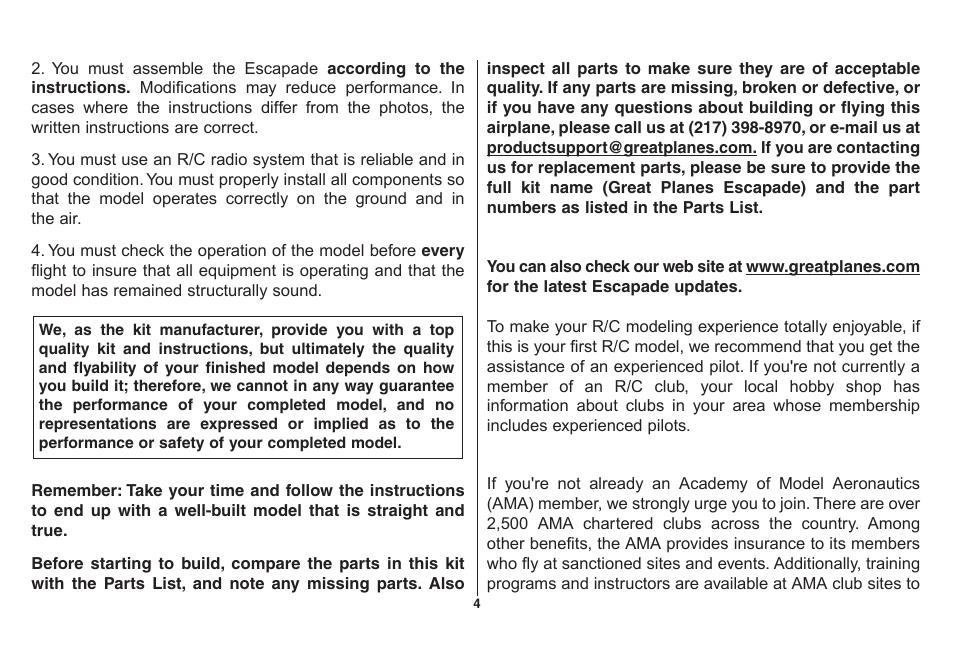 Great Planes Escapade ARF - GPMA1105 User Manual | Page 4 / 40