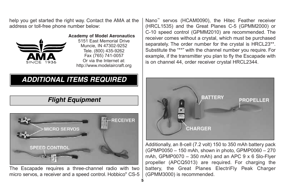 Additional items required, Flight equipment | Great Planes Escapade ARF - GPMA1105 User Manual | Page 5 / 40