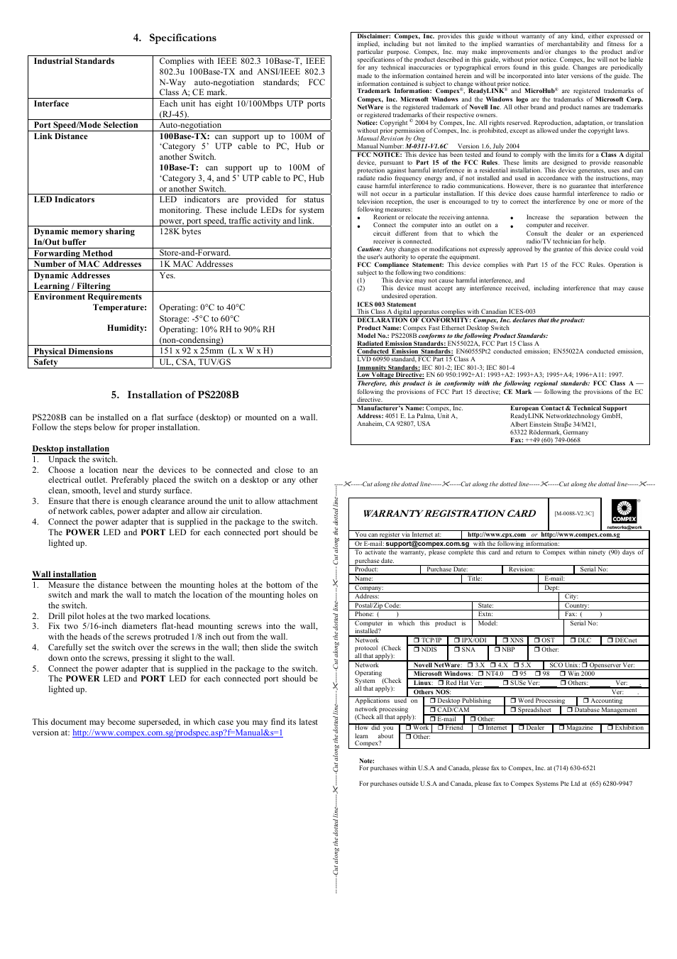 Specifications, Installation of ps2208b, Warranty registration card | Compex Systems PS2208B User Manual | Page 2 / 2