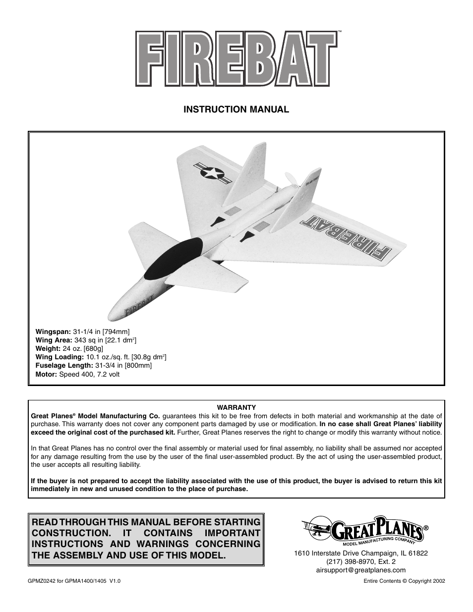 Great Planes Firebat ARF EP Jet - GPMA1400/1405 User Manual | 20 pages