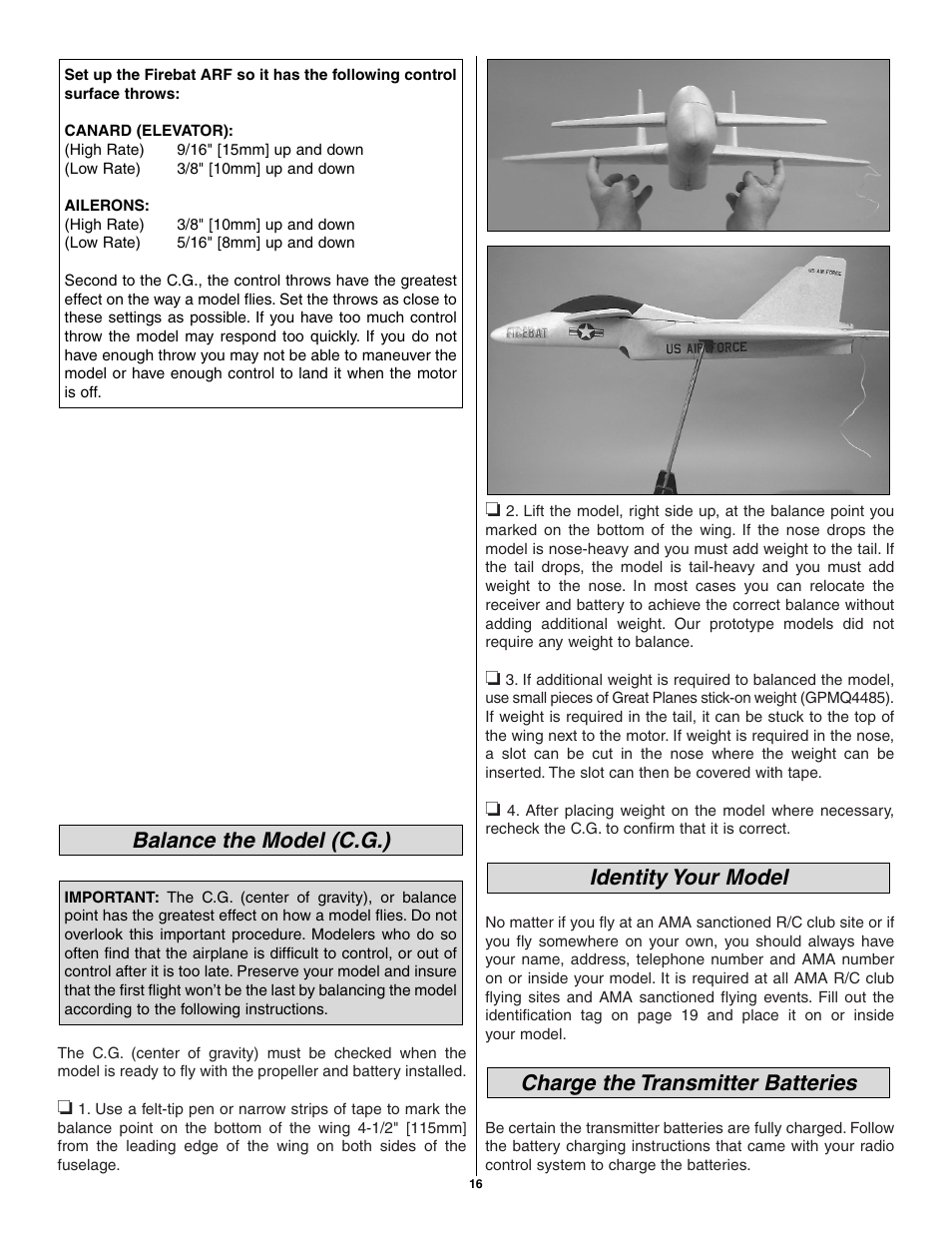 Balance the model (c.g.) | Great Planes Firebat ARF EP Jet - GPMA1400/1405 User Manual | Page 16 / 20